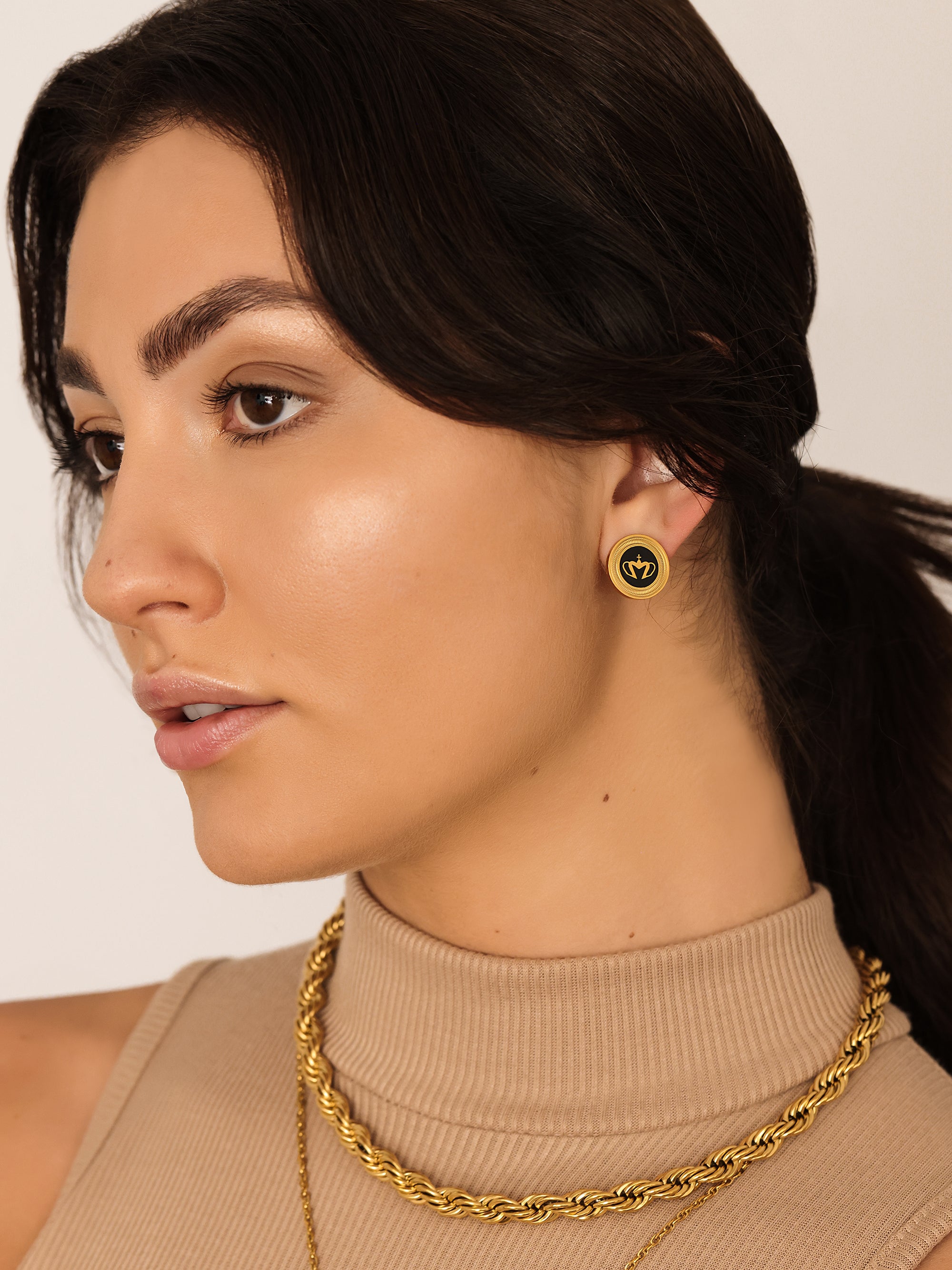 Mini Crown Enamel Medal Stud Earrings Black