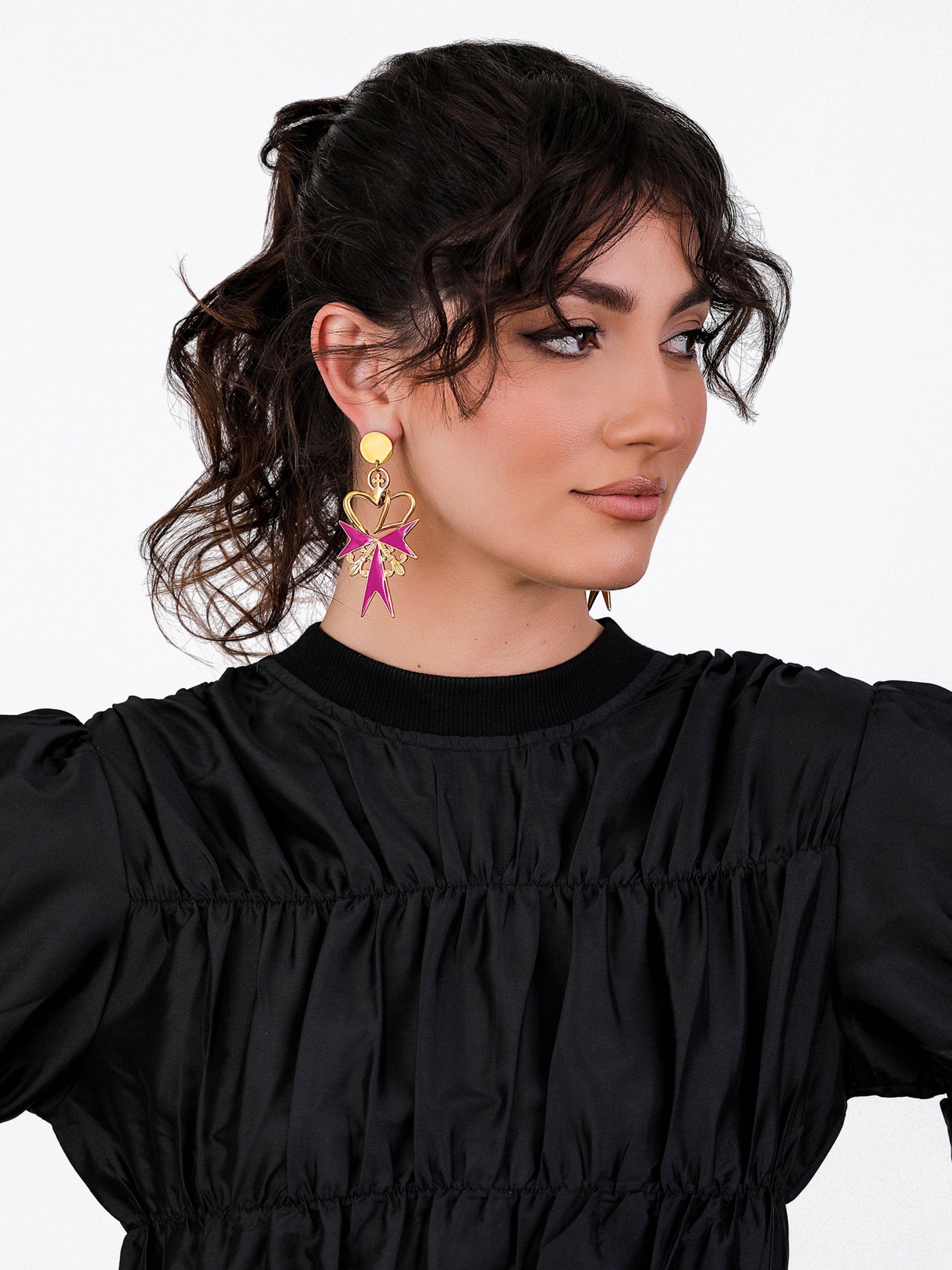 Sultana-Malta EARRINGS 3D Crown Cardinal Pink Enamel Earrings