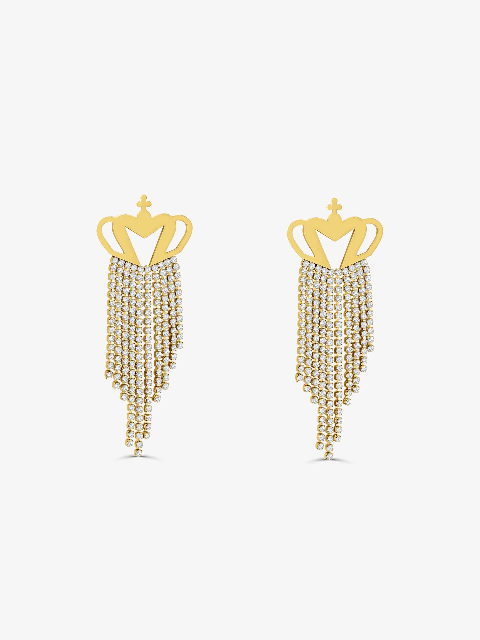 Crown Crystal Fringed Earrings Gold
