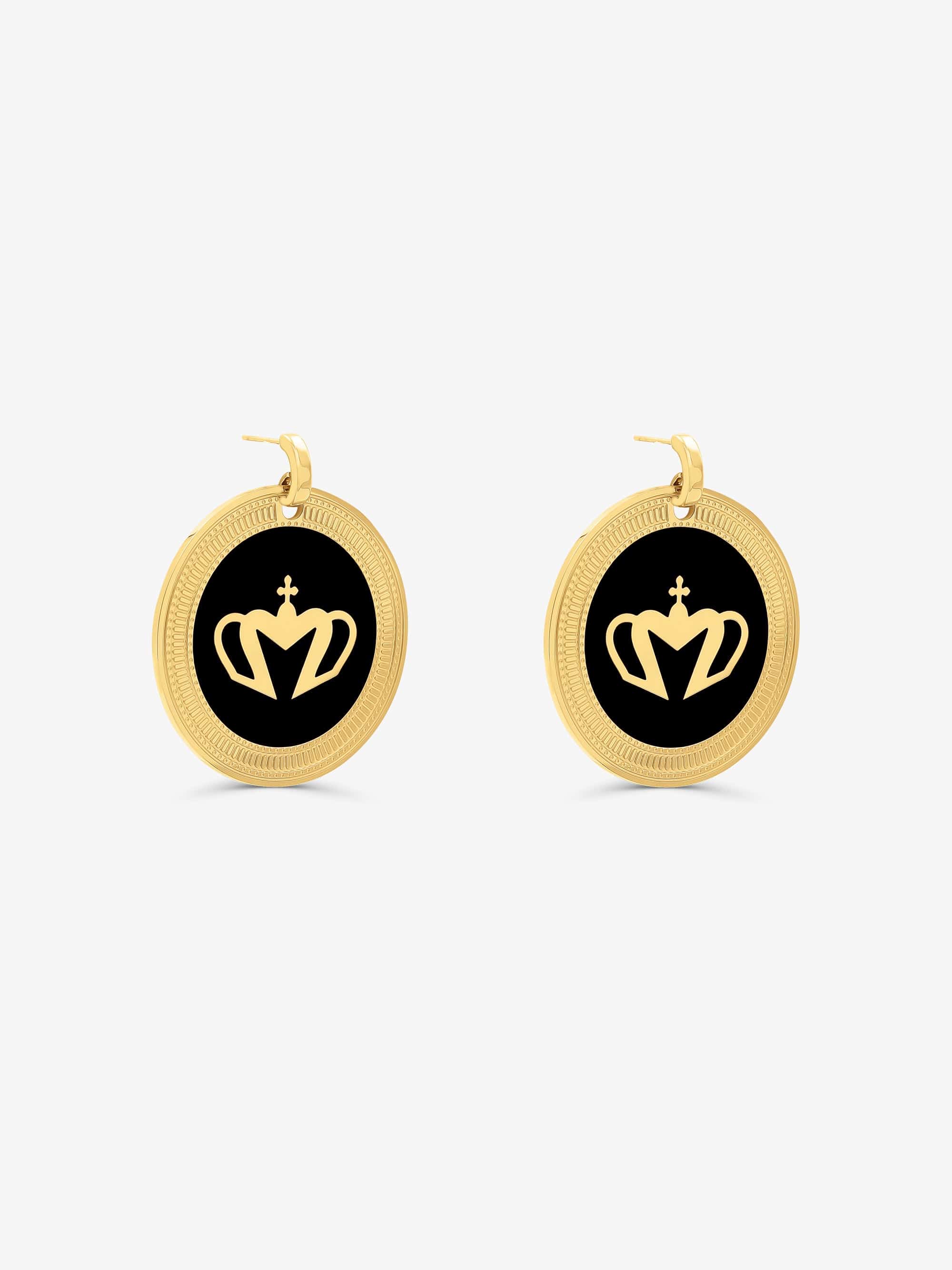 Sultana-Malta EARRINGS Crown Enamel Medal Hoop Earrings Black