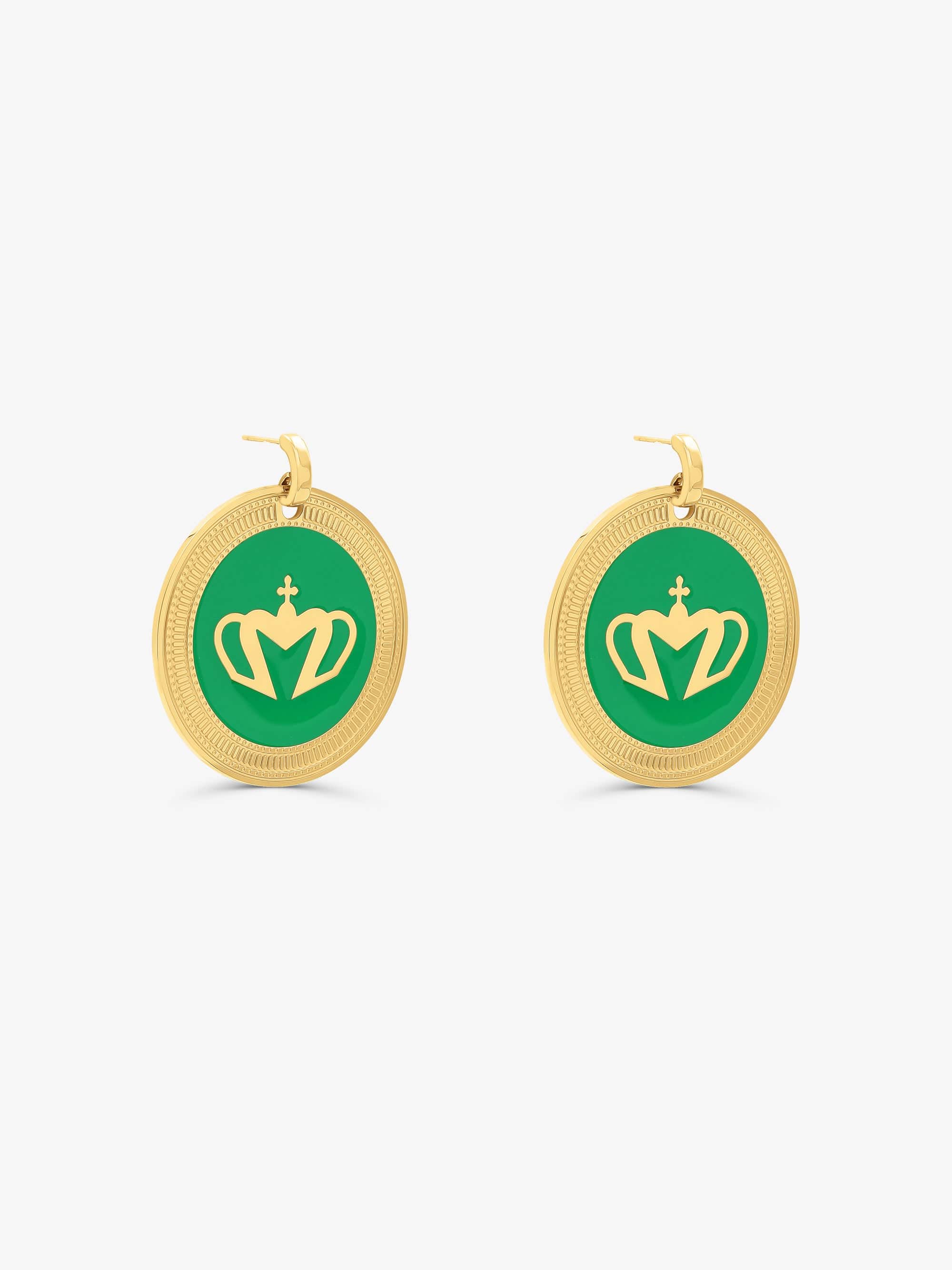 Sultana-Malta EARRINGS Crown Enamel Medal Hoop Earrings Green