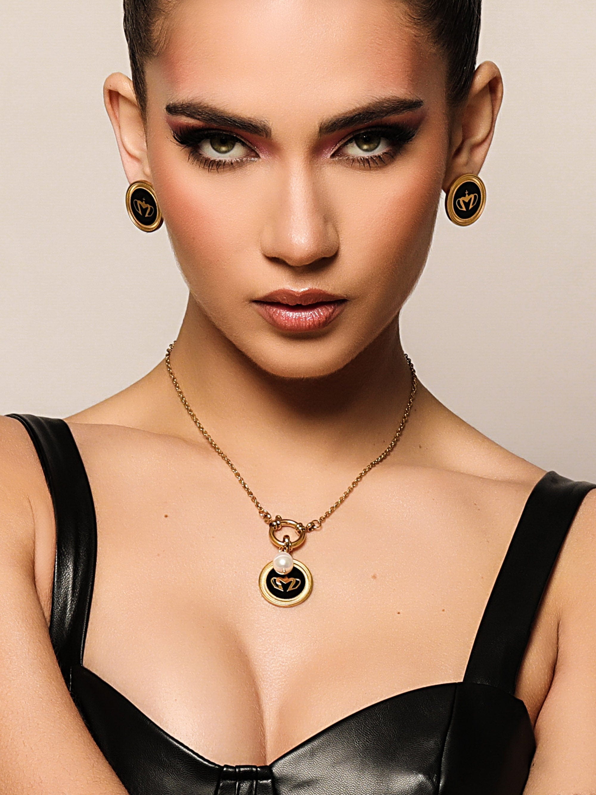 Sultana-Malta EARRINGS Crown Enamel Medal Stud Earrings Black