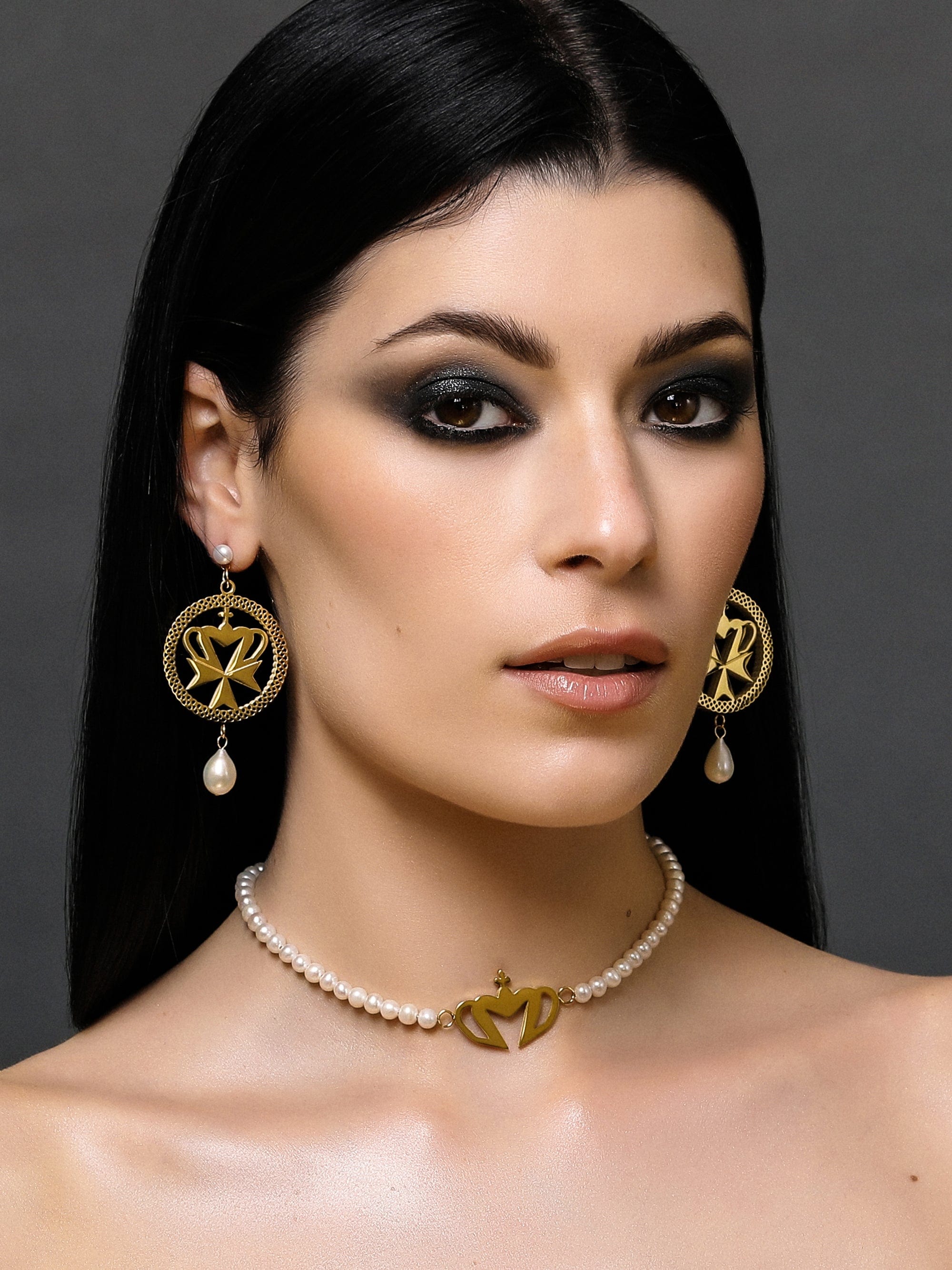 Sultana-Malta EARRINGS Crown Cross Fresh Pearl Earrings