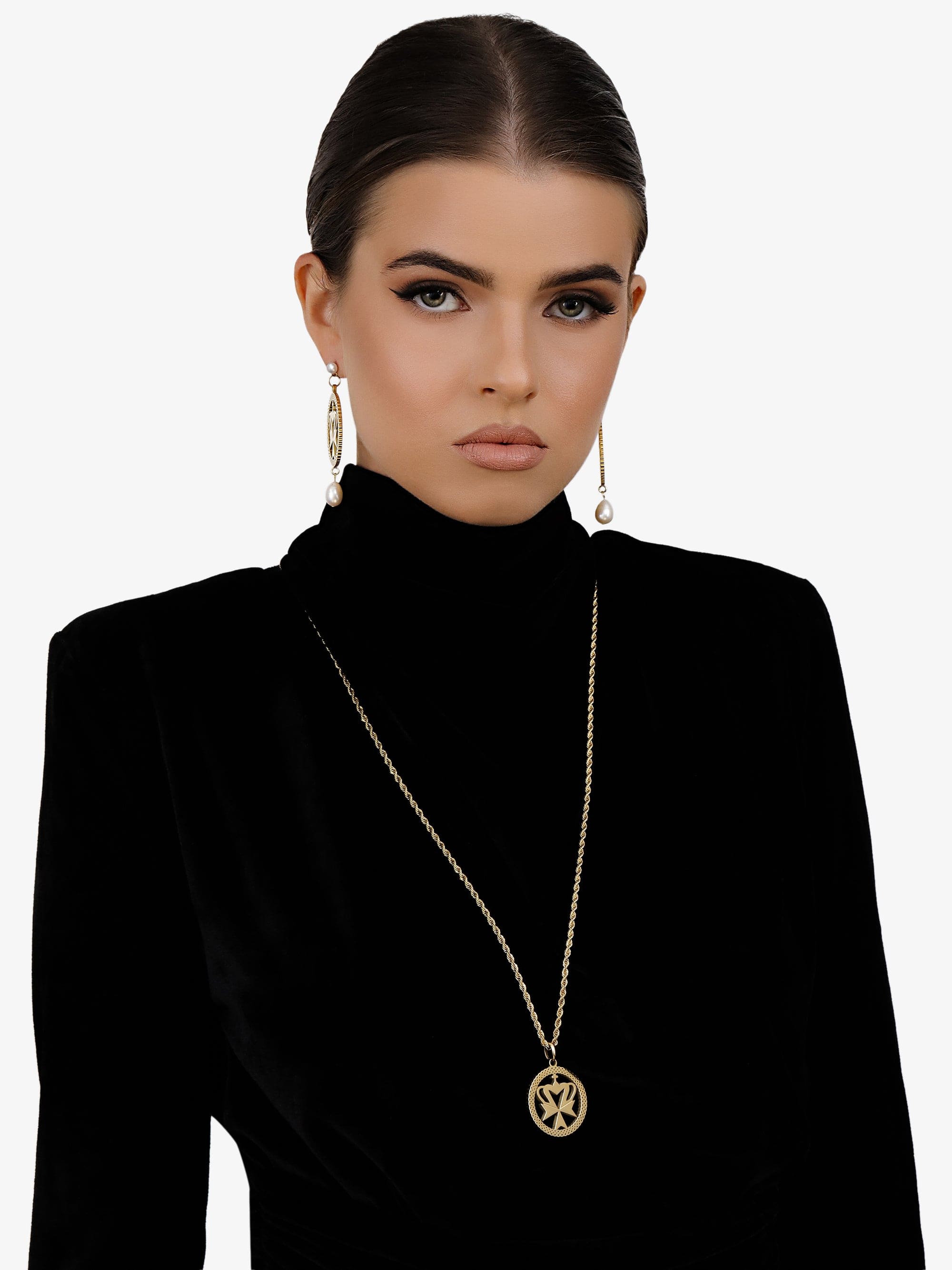 Sultana-Malta EARRINGS Crown Cross Fresh Pearl Earrings