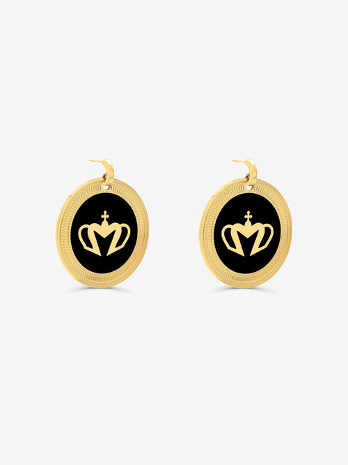 Sultana-Malta EARRINGS Crown Enamel Medal Hoop Earrings Black