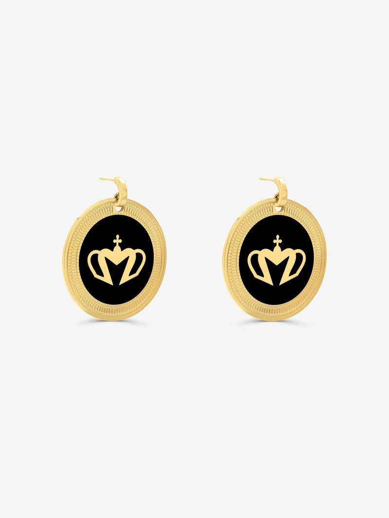 Sultana-Malta EARRINGS Crown Enamel Medal Hoop Earrings Black