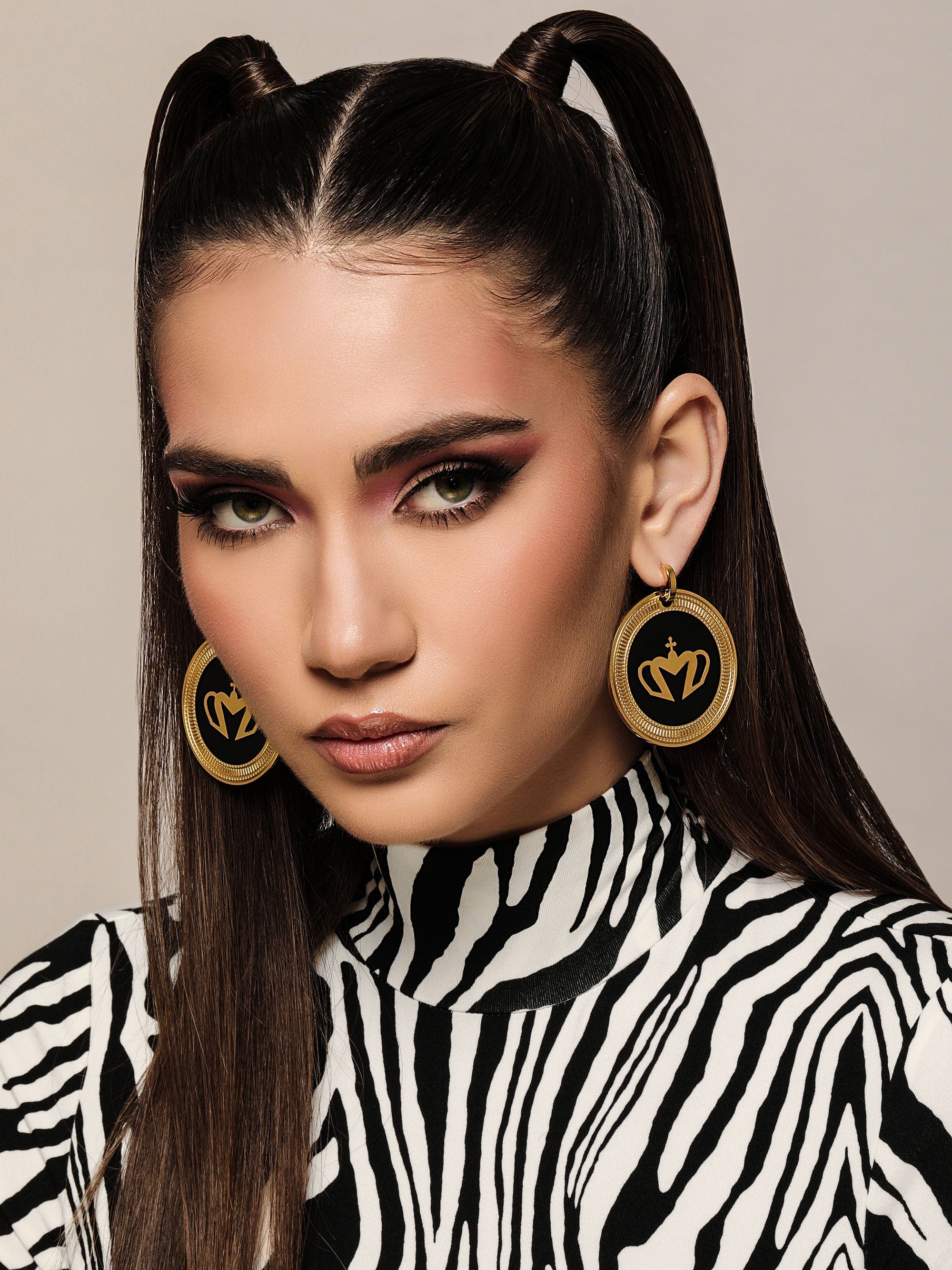 Sultana-Malta EARRINGS Crown Enamel Medal Hoop Earrings Black