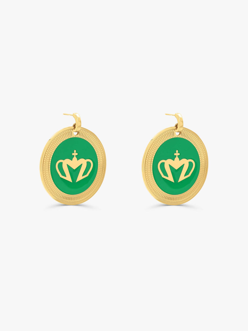 Sultana-Malta EARRINGS Crown Enamel Medal Hoop Earrings Green