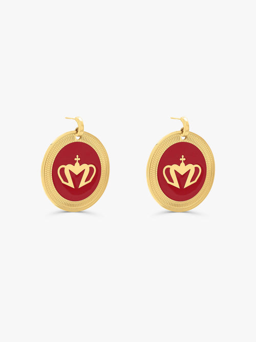 Sultana-Malta EARRINGS Crown Enamel Medal Hoop Earrings Red