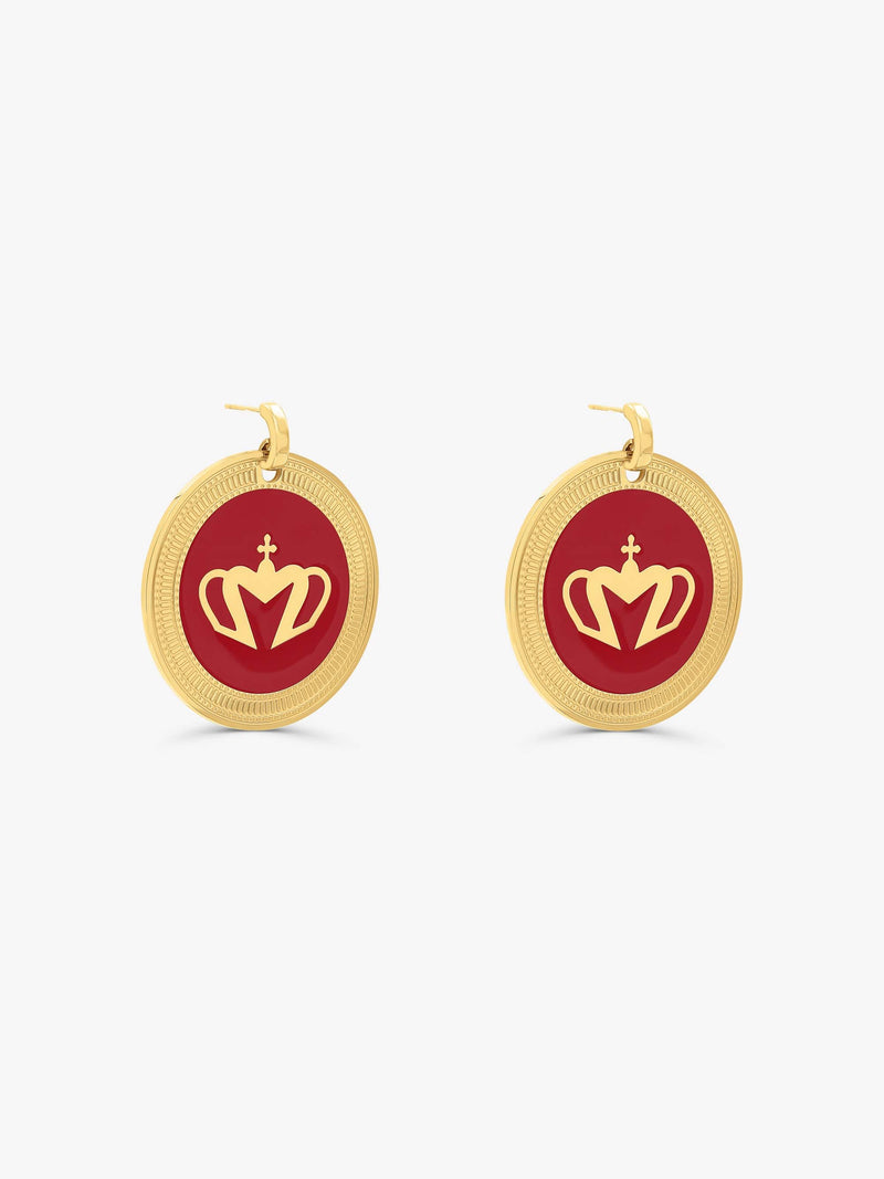 Sultana-Malta EARRINGS Crown Enamel Medal Hoop Earrings Red
