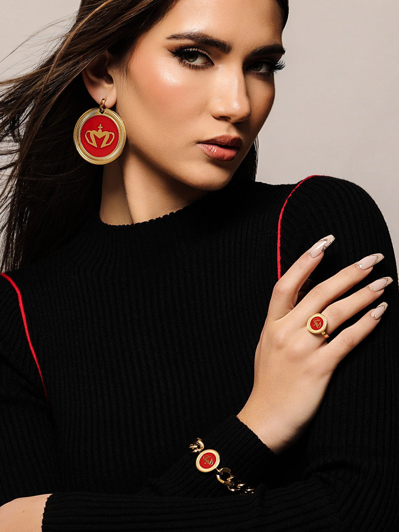 Sultana-Malta EARRINGS Crown Enamel Medal Hoop Earrings Red