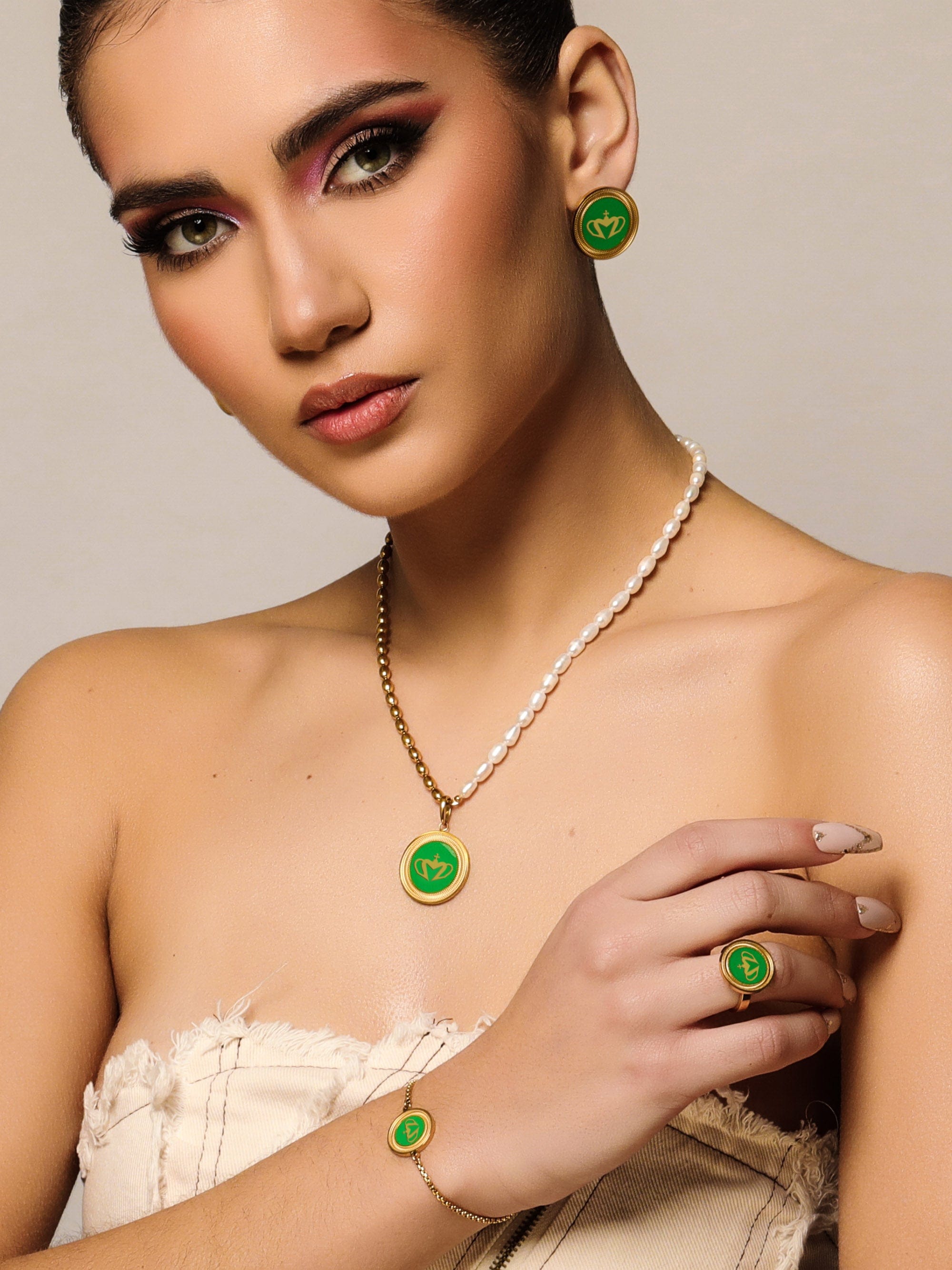 Sultana-Malta EARRINGS Crown Enamel Medal Stud Earrings Green