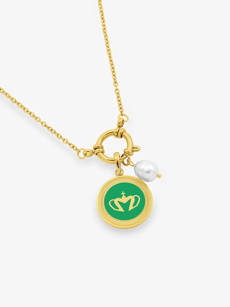 Sultana-Malta NECKLACES Green Enamel Medal Pendant & Pearl Sailor Clasp Chain Set