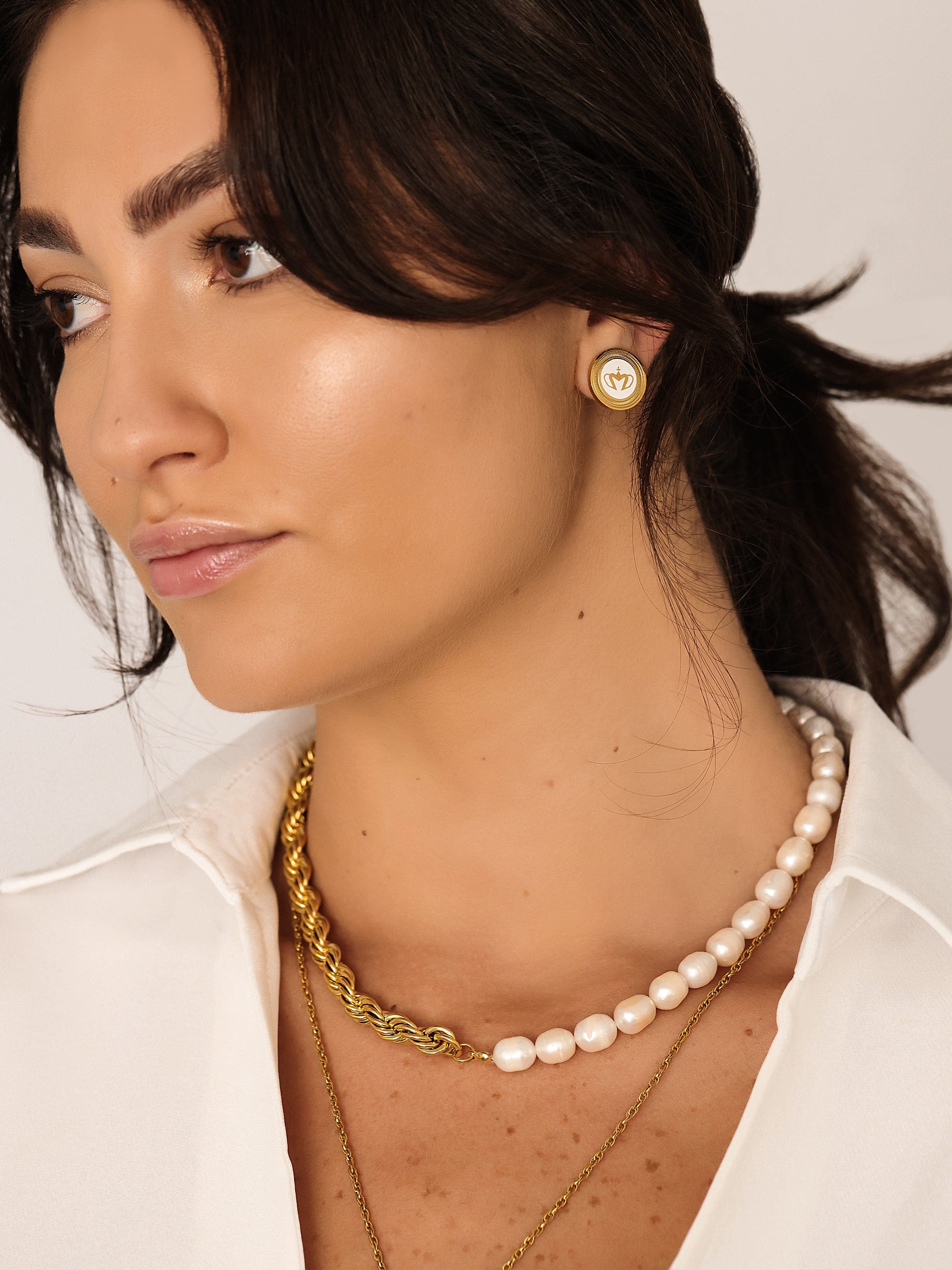 Sultana-Malta EARRINGS Mini Crown Enamel Medal Stud Earrings White