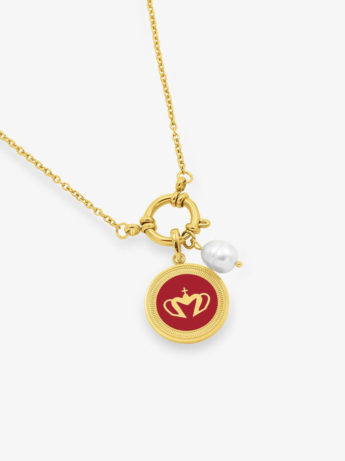 Sultana-Malta NECKLACES Red Enamel Medal Pendant & Pearl Sailor Clasp Chain Set