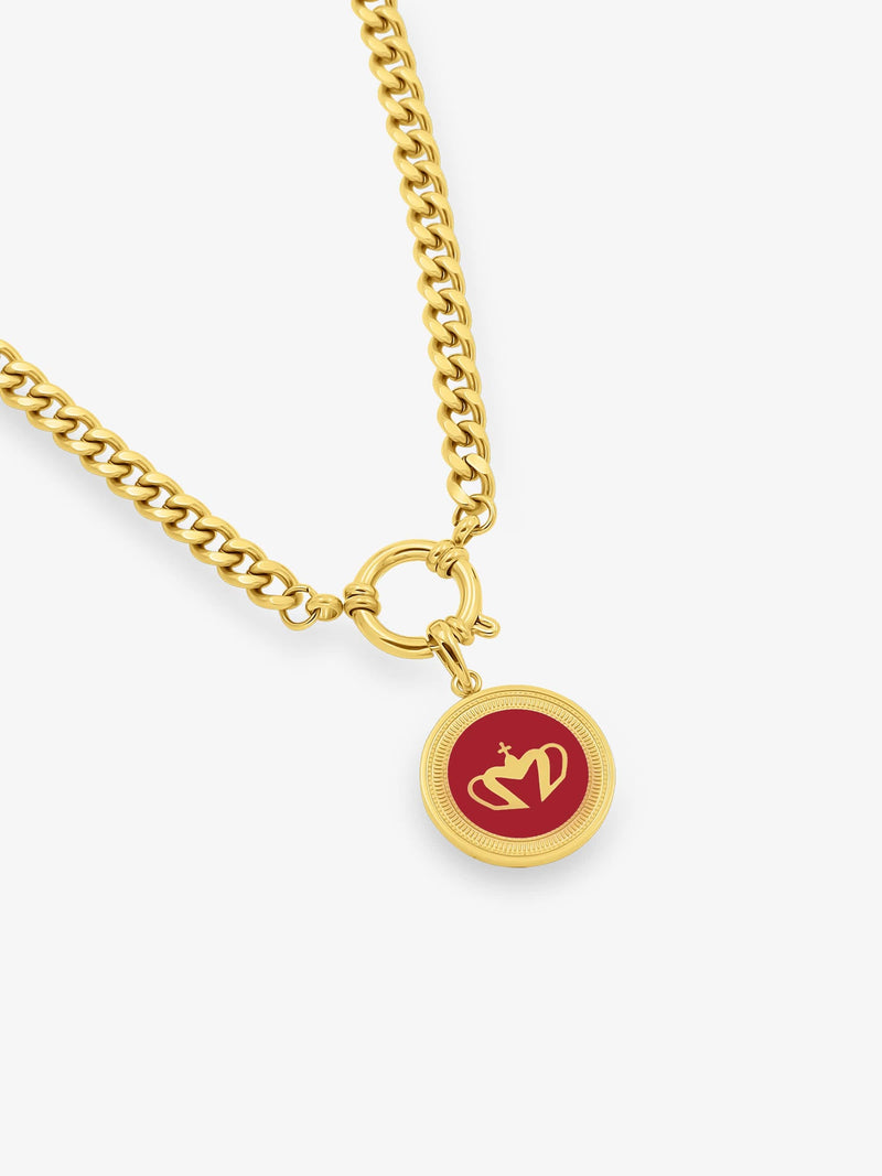 Sultana-Malta NECKLACES Red Enamel Medal Pendant & Thick Sailor Clasp Chain Set