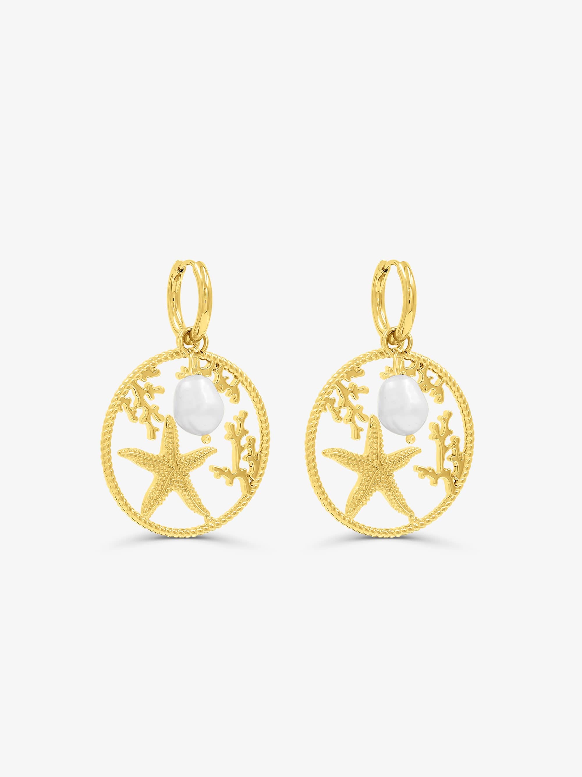 Sultana-Malta EARRINGS Starfish & Coral Fresh Pearl Hoops